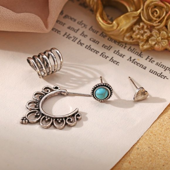 Boho Earrings Faux Turquoise Silver Love 4PC Retro - Picture 6 of 6